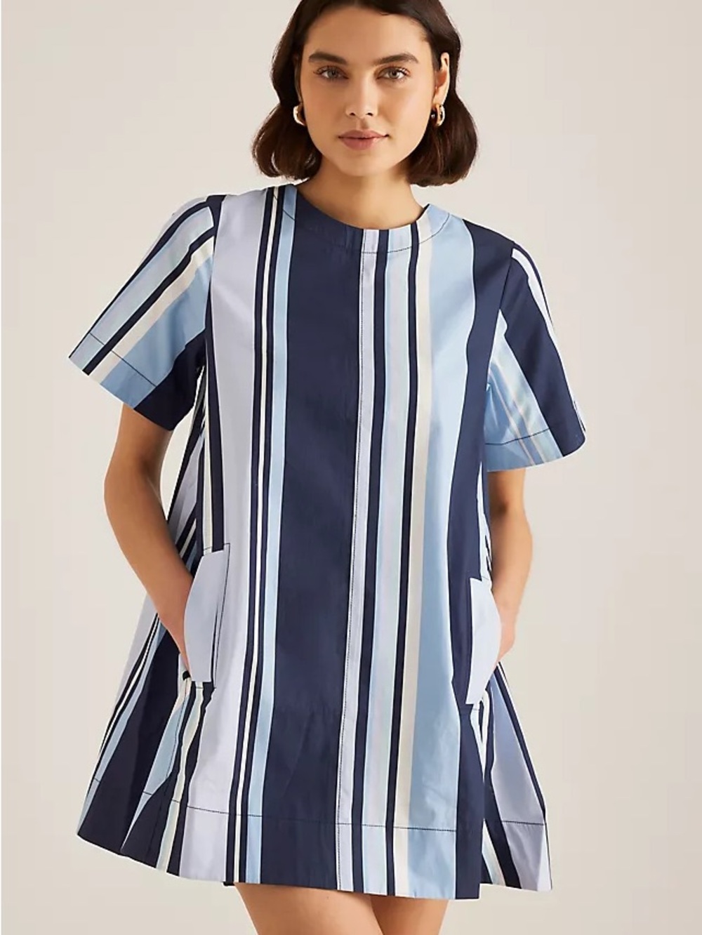 Maeve Navy and Light Blue Striped Short-Sleeve Shift Dress
